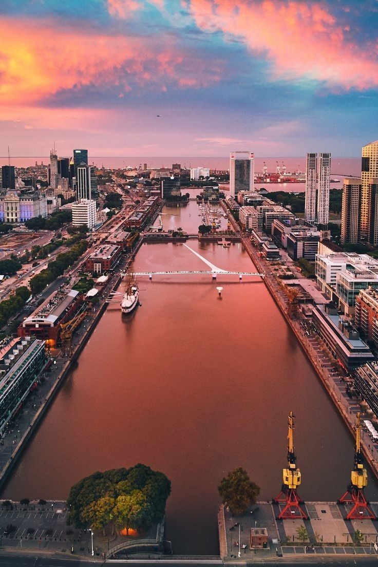 Aerial view of Puerto Madero docks at sunset